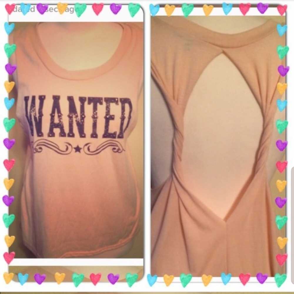 Tank top that says WANTED. Has an open back/ sides